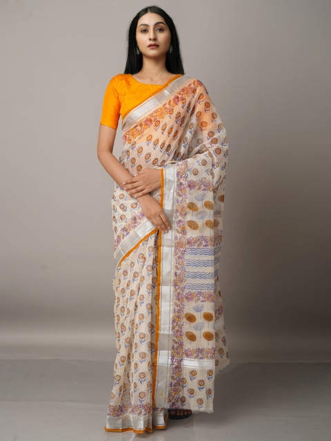 

Unnati Silks Cream & Mustard Block Printed Zari Pure Cotton Kota Saree