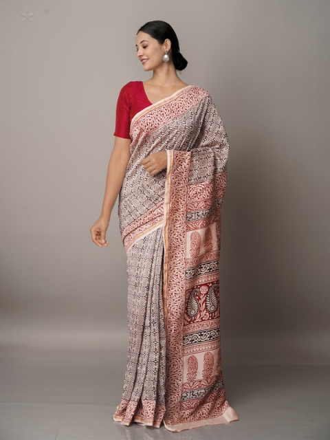 

Unnati Silks Beige & Maroon Bagh Printed Zari Pure Cotton Chanderi Saree