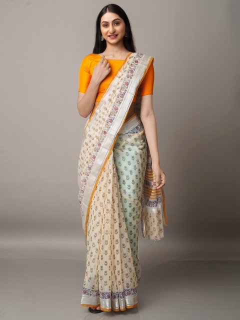 

Unnati Silks Cream & Brown Block Printed Zari Pure Cotton Kota Saree