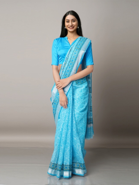 

Unnati Silks Blue & Silver Printed Zari Pure Cotton Kota Saree