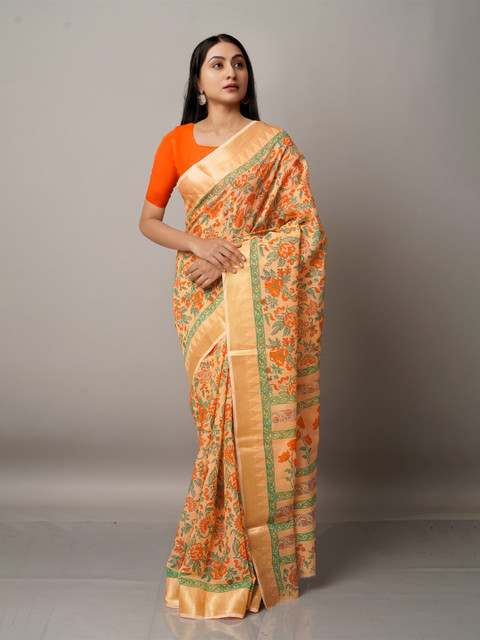 

Unnati Silks Orange & Green Printed Zari Pure Cotton Kota Saree