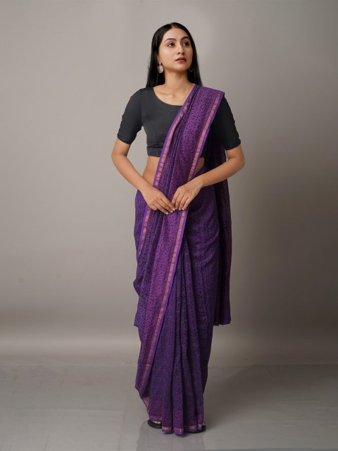 

Unnati Silks Violet Bagh Printed Zari Pure Cotton Chanderi Saree