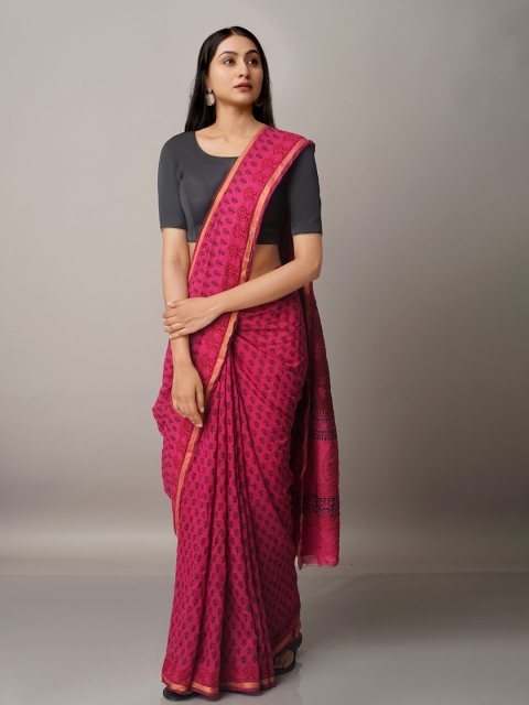 

Unnati Silks Pink & Red Bagh Printed Chanderi Saree