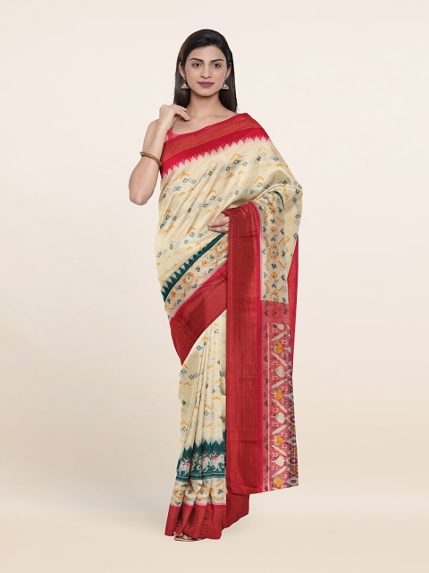 

Pothys Cream-Coloured & Red Floral Zari Saree