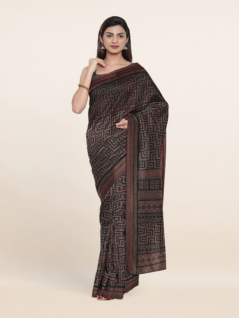 

Pothys Green & Copper-Toned Zari Geometric Printed Saree