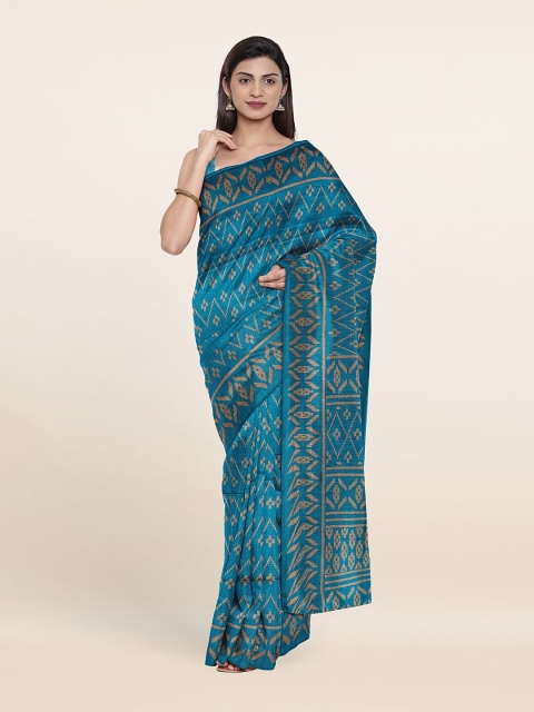 

Pothys Blue & Copper-Toned Floral Printed Cotton Blend Saree