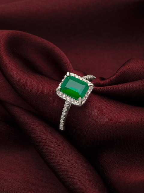 

SILBERRY Rhodium-Plated Silver-Plated & Green Topaz-Studded Finger Ring