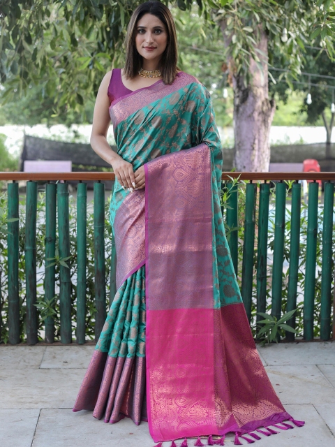 

Mitera Green & Red Floral Zari Silk Blend Kanjeevaram Saree