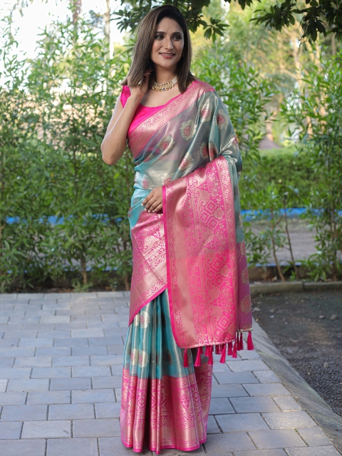 

Mitera Blue & Pink Floral Zari Silk Blend Kanjeevaram Saree