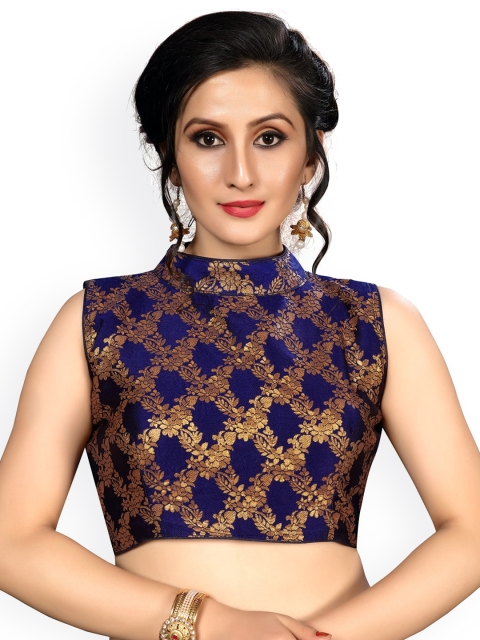 

Fab Viva Women Navy Blue & Gold Jacquard Design Sleeveless Saree Blouse