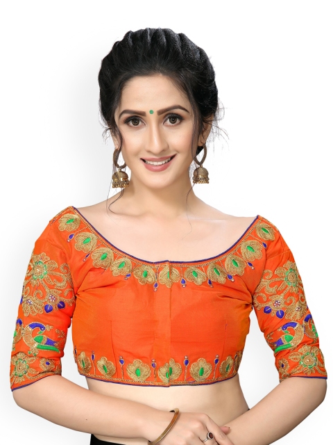 

Fab Viva Orange-Colored Embroidered Silk Saree Blouse