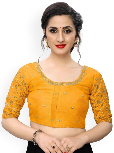 

Fab Viva Yellow Embroidered Readymade Silk Saree Blouse
