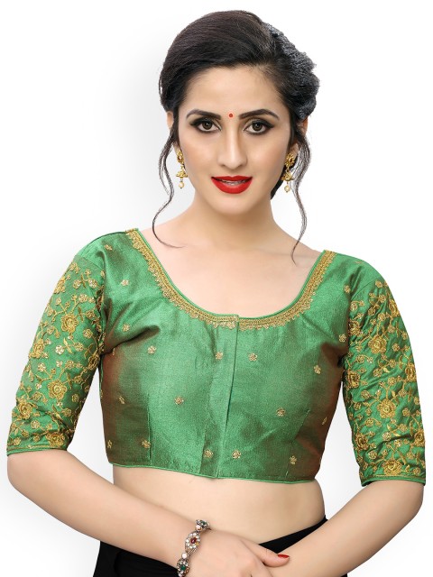 

Fab Viva Green Embroidered Silk Saree Blouse, Lime green