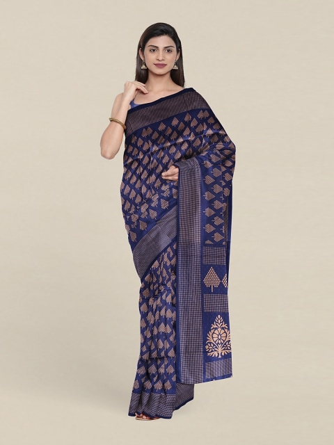 

Pothys Blue & Peach-Coloured Ethnic Motifs Printed Cotton Blend Saree