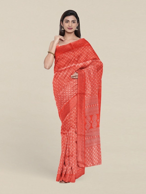 

Pothys Peach-Coloured & Off White Printed Cotton Blend Saree