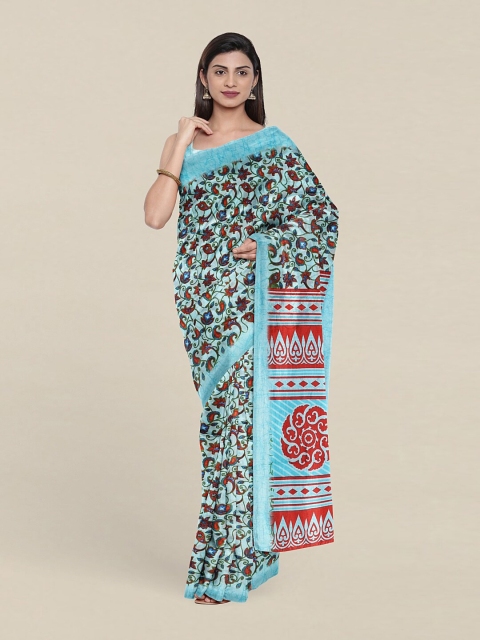 

Pothys Blue & Red Paisley Printed Cotton Blend Saree