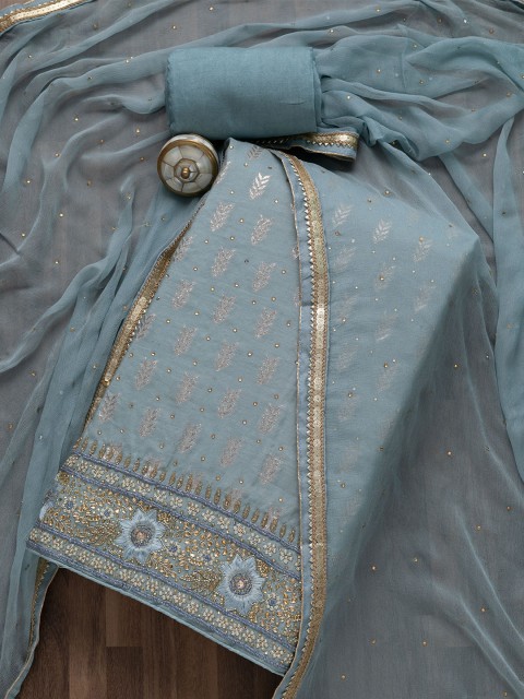 

Koskii Women Grey & Gold-Toned Raw Silk Unstitched Dress Material