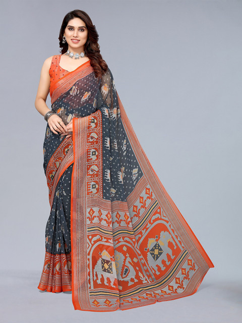 

Winza Designer Grey & Red Ethnic Motifs Pure Chiffon Block Print Saree