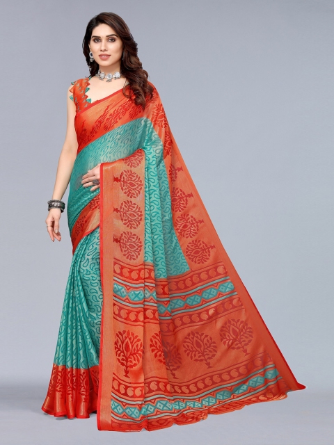 

Winza Designer Teal & Orange Woven Design Zari Pure Chiffon Fusion Bagh Saree