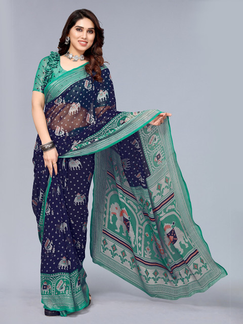 

Winza Designer Navy Blue & Green Zari Pure Chiffon Block Print Saree