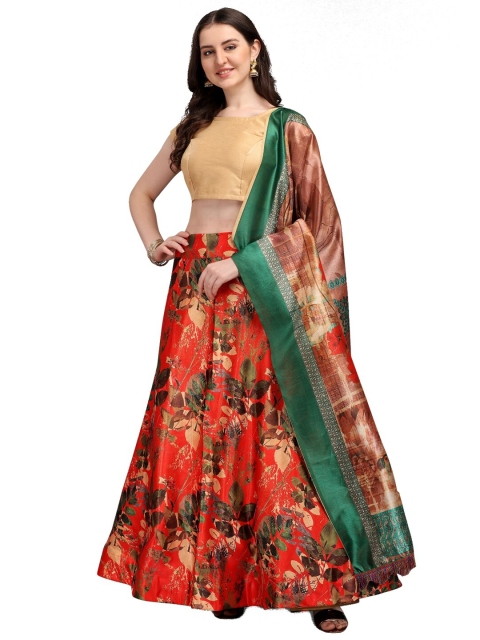 

SWEETPEL Ready to Wear Lehenga & Unstitched Blouse With Dupatta, Red