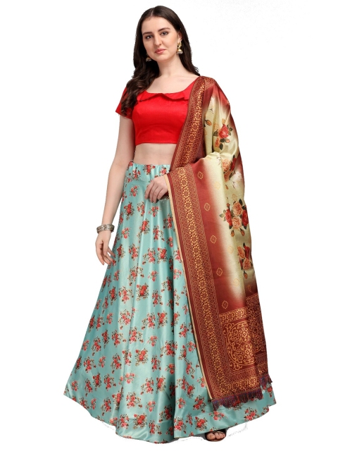 

SWEETPEL Blue & Red Ready to Wear Lehenga & Unstitched Blouse With Dupatta
