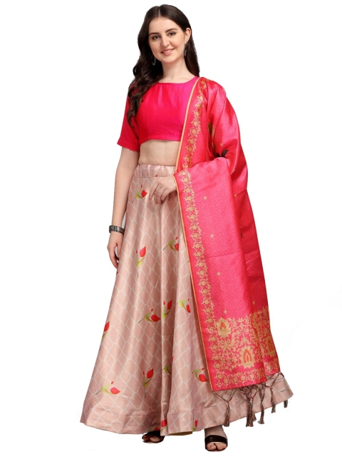 

SWEETPEL Peach-Coloured & Red Ready to Wear Lehenga & Unstitched Blouse With Dupatta