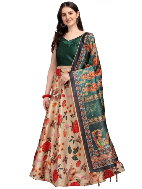 

SWEETPEL Beige & Green Ready to Wear Lehenga & Unstitched Blouse With Dupatta