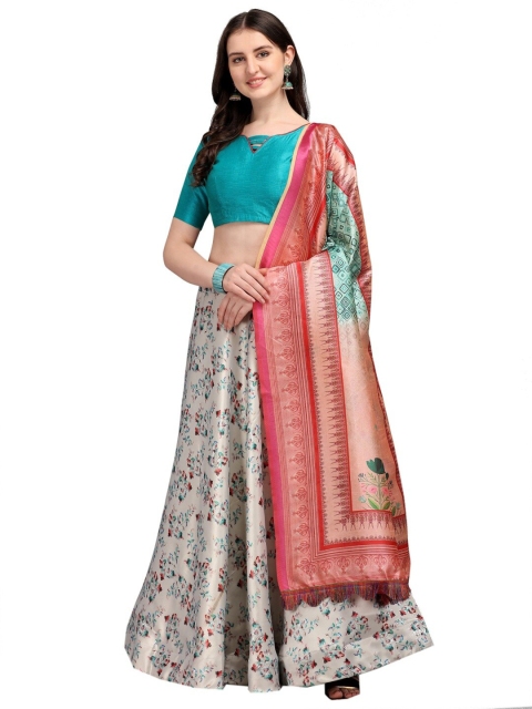 

SWEETPEL Beige & Blue Ready to Wear Lehenga & Unstitched Blouse With Dupatta