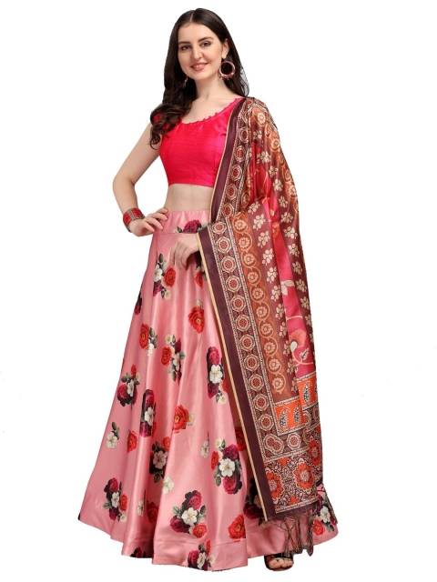 

SWEETPEL Pink & Red Printed Ready to Wear Lehenga & Unstitched Blouse With Dupatta