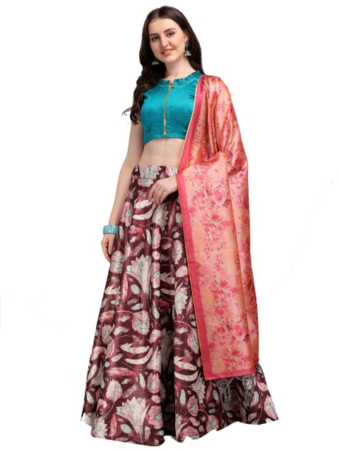 

SWEETPEL Blue & Burgundy Printed Ready to Wear Lehenga & Unstitched Blouse With Dupatta