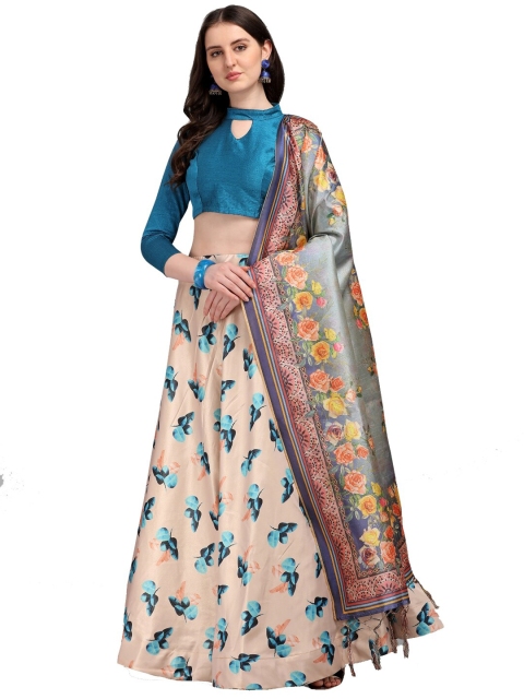 

SWEETPEL Blue & Cream-Coloured Printed Ready to Wear Lehenga & Unstitched Blouse With Dupatta