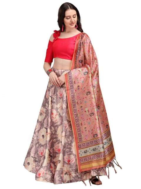 

SWEETPEL Red & Grey Printed Ready to Wear Lehenga & Unstitched Blouse With Dupatta