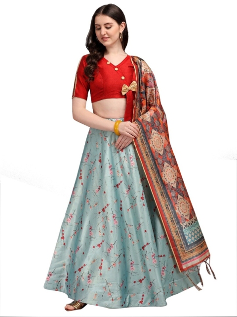

SWEETPEL Red & Green Ready to Wear Lehenga & Unstitched Blouse With Dupatta