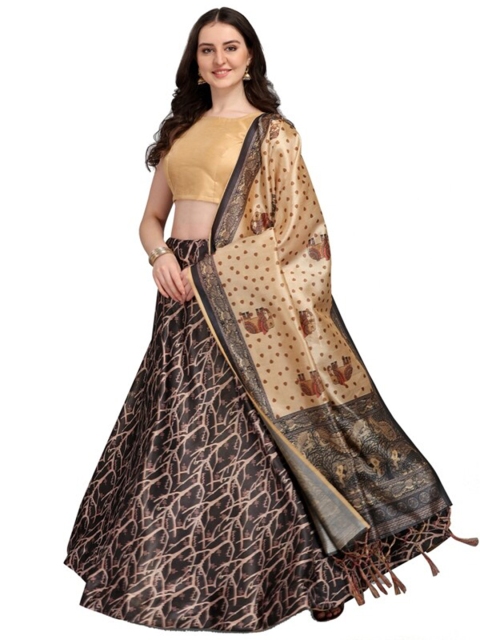 

SWEETPEL Beige & Brown Printed Ready to Wear Lehenga & Unstitched Blouse With Dupatta