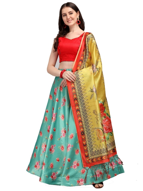 

SWEETPEL Red & Blue Ready to Wear Lehenga & Unstitched Blouse With Dupatta