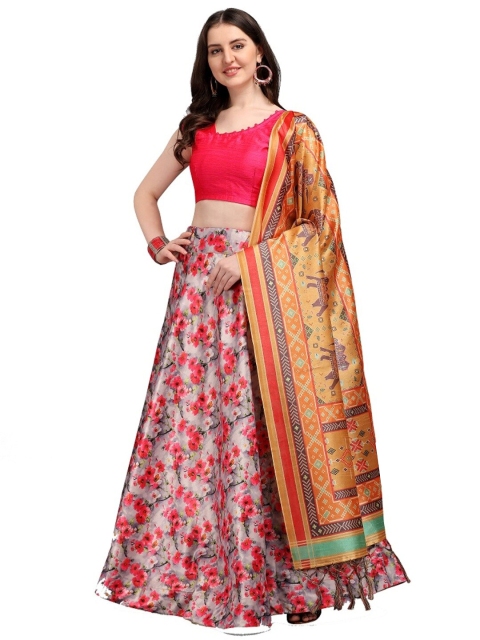 

SWEETPEL Red & Pink Ready to Wear Lehenga & Unstitched Blouse With Dupatta