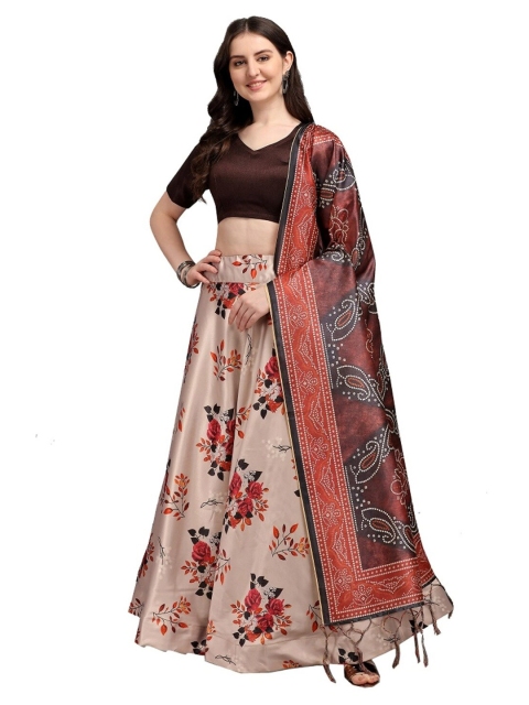 

SWEETPEL Brown & Beige Printed Ready to Wear Lehenga & Unstitched Blouse With Dupatta