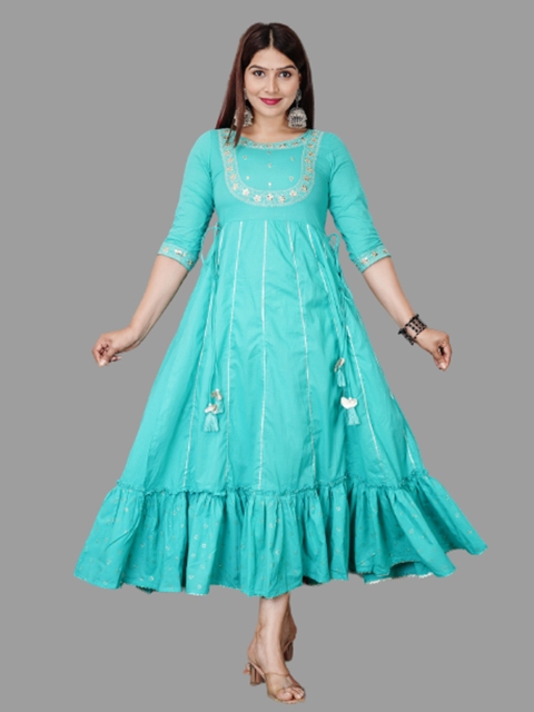 

aayusika Women Turquoise Blue Embroidered Cotton Ethnic Dress