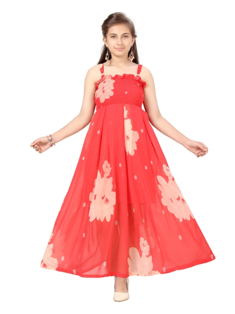 

Aarika Girls Red & Peach-Coloured Floral Georgette Maxi Dress
