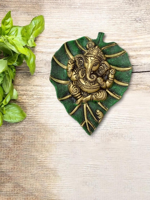 Fashion Bizz Green & Gold Ganesh On Harapatta Metal Showpiece
