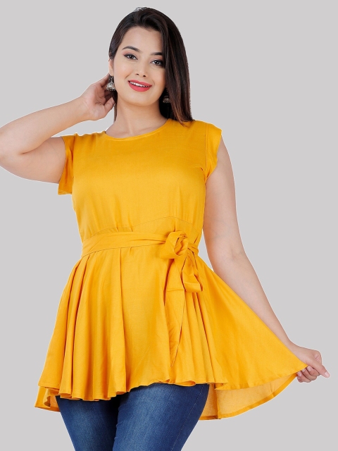 

Fab Star Yellow Solid Cinched Waist Longline Viscose Rayon Top
