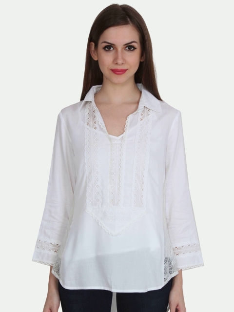 

PATRORNA Women White Lace Inserts Shirt Style Top