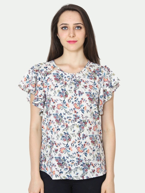 

PATRORNA Women White & Blue Floral Print Top