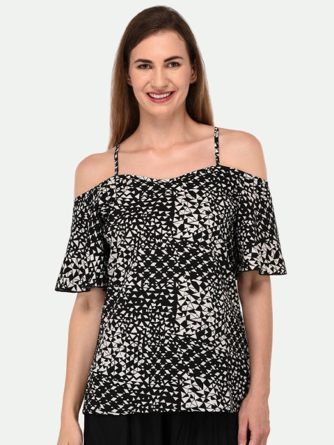 

PATRORNA Women Black & Beige Geometric Print Top