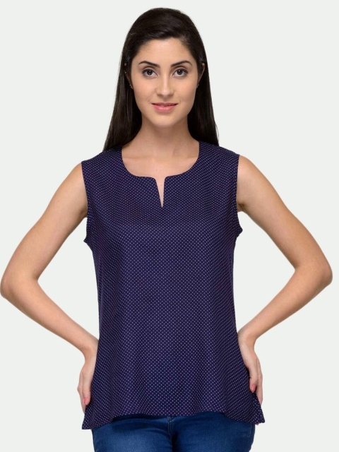 

PATRORNA Women Navy Blue Polka Dots Printed Top