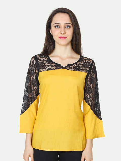 

PATRORNA Women Mustard Yellow Lace Inserts Top