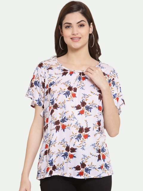 

PATRORNA Women Cream-Coloured & Blue Floral Print Ruffles Top