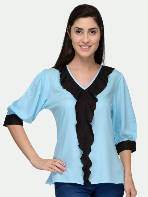 

PATRORNA Women Blue Colourblocked Ruffles Top