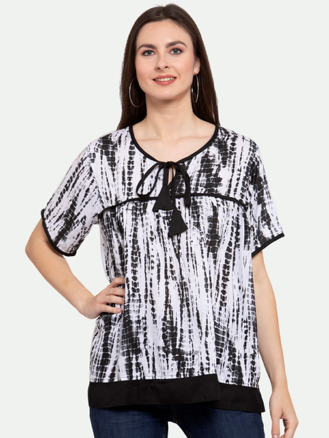 

PATRORNA White & Black Tie and Dye Print Tie-Up Neck Top